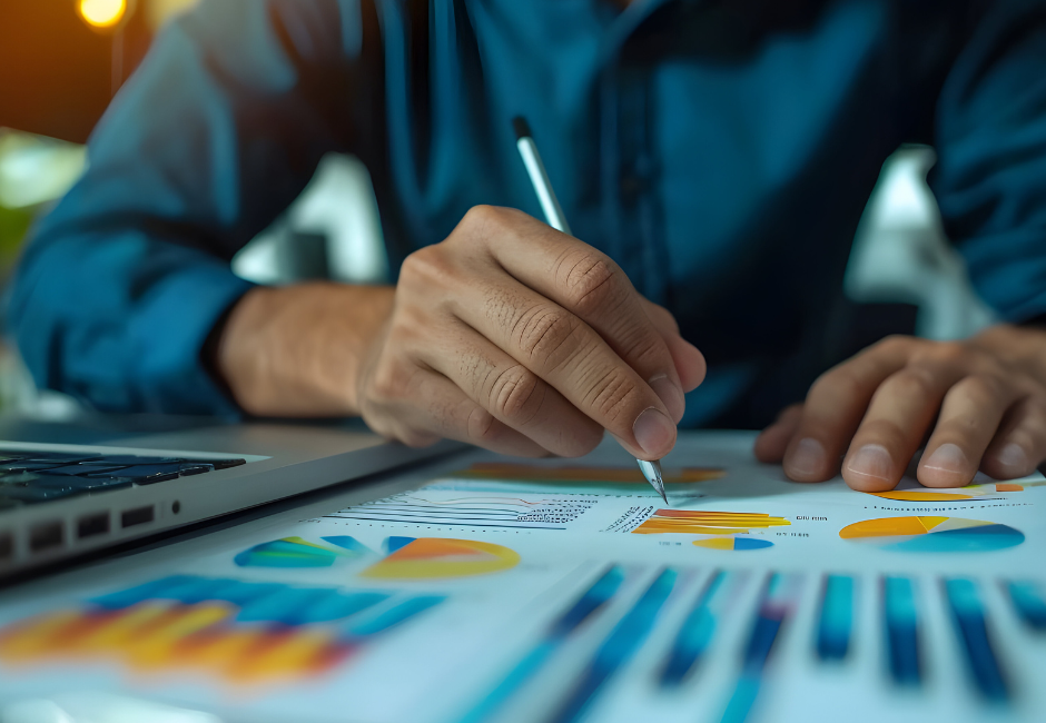 L'image montre une personne portant une chemise bleue, assise à une table avec un ordinateur portable ouvert devant elle. Elle tient un stylo et prend des notes sur des graphiques colorés imprimés sur du papier. Les graphiques incluent des diagrammes en barres et en secteurs avec des couleurs vives. La scène est bien éclairée et suggère un environnement de travail ou une analyse de données.